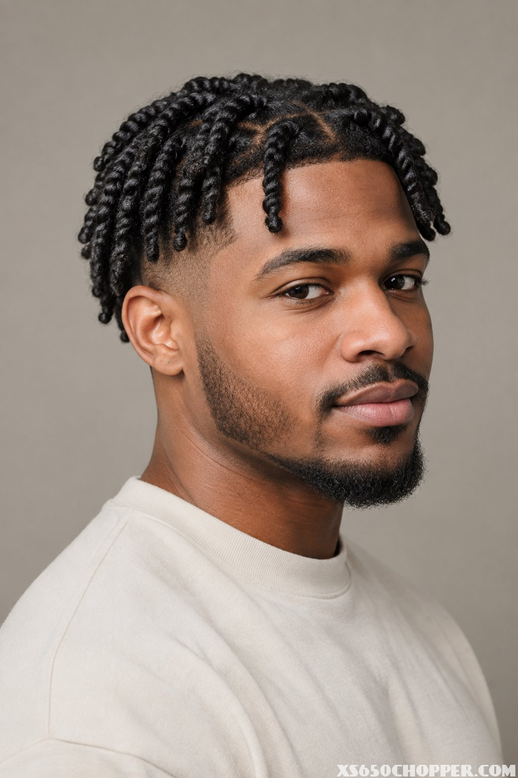A man with two-strand twists and a low taper haircut poses against a plain background.