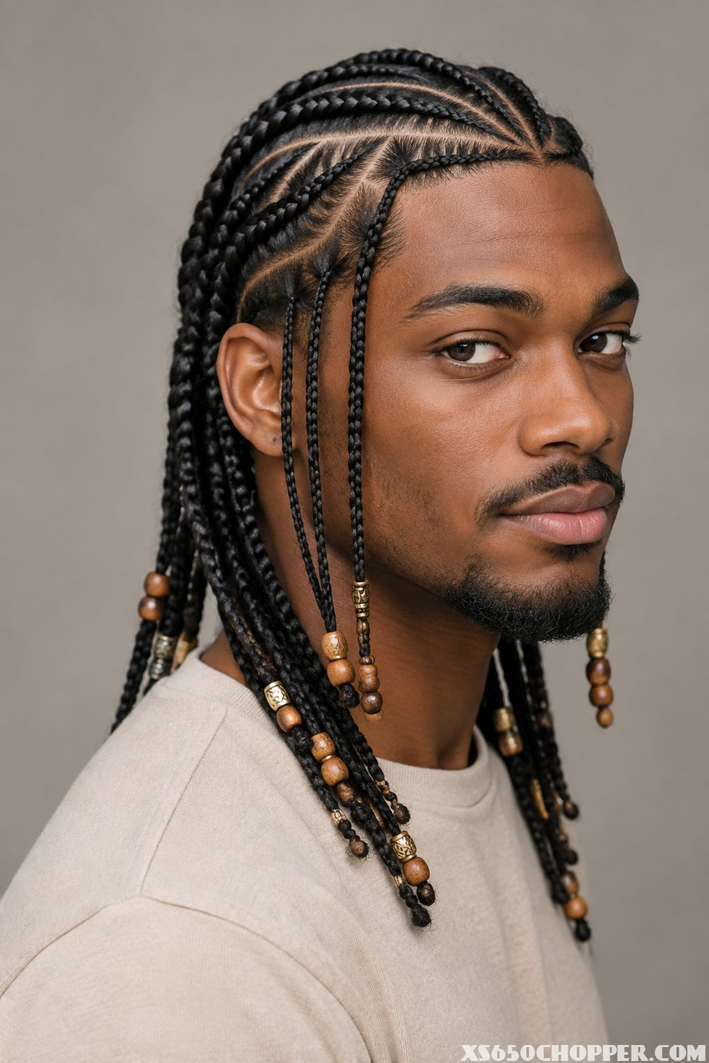 A man with neatly styled Fulani braids and decorative beads poses against a plain background.