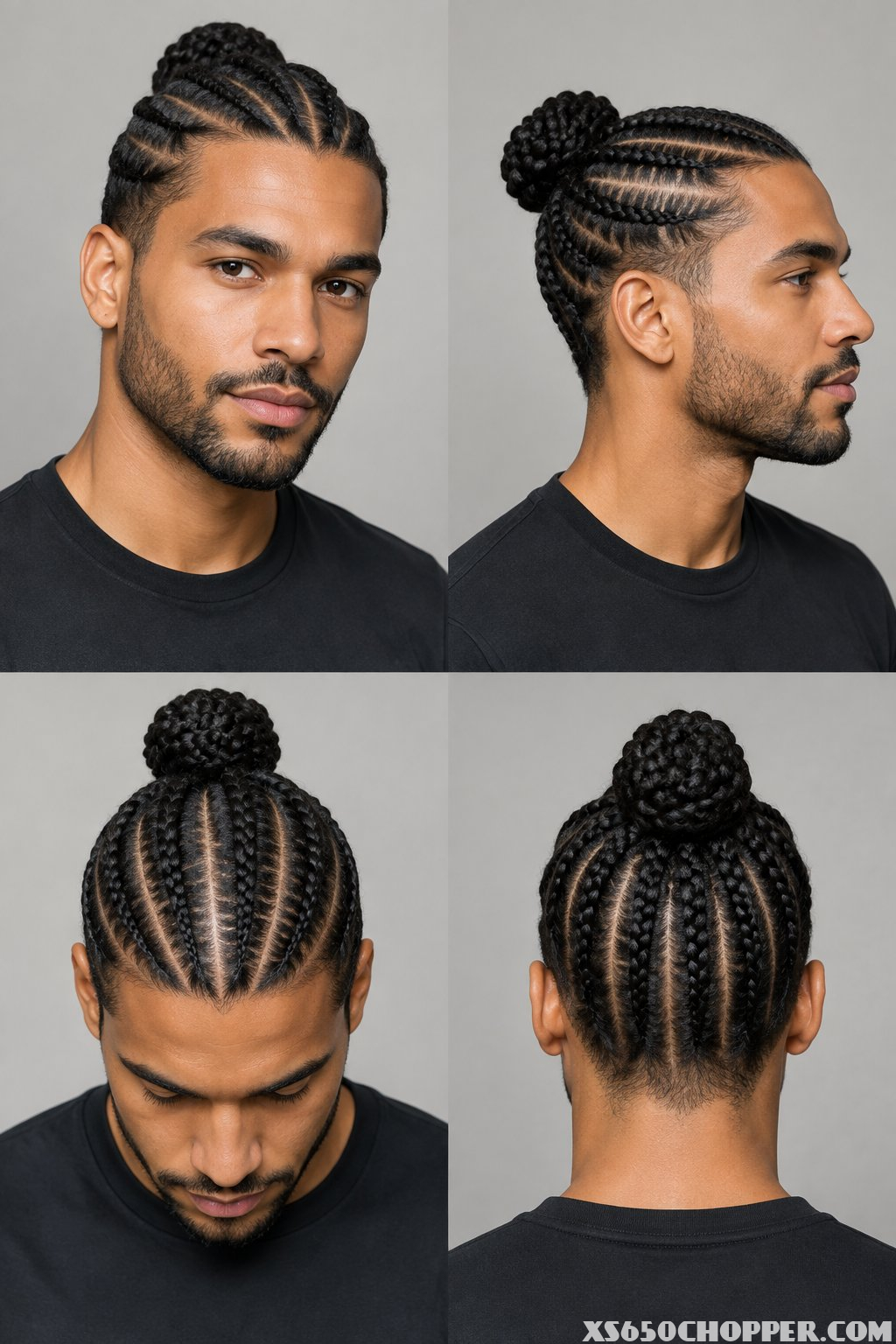 Man with cornrow braids gathered into a bun.