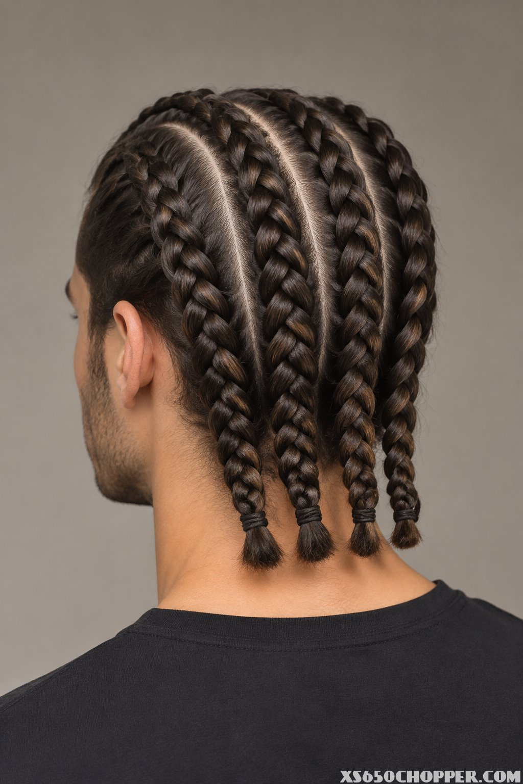A man with four large boxer braids arranged neatly across the back of his head.