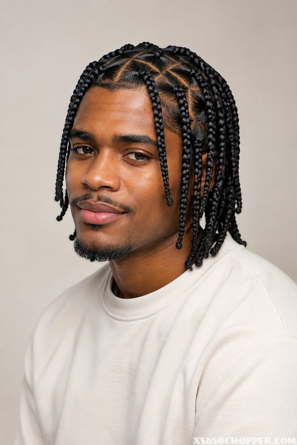 A man with neatly arranged triangle-part box braids poses against a plain background.