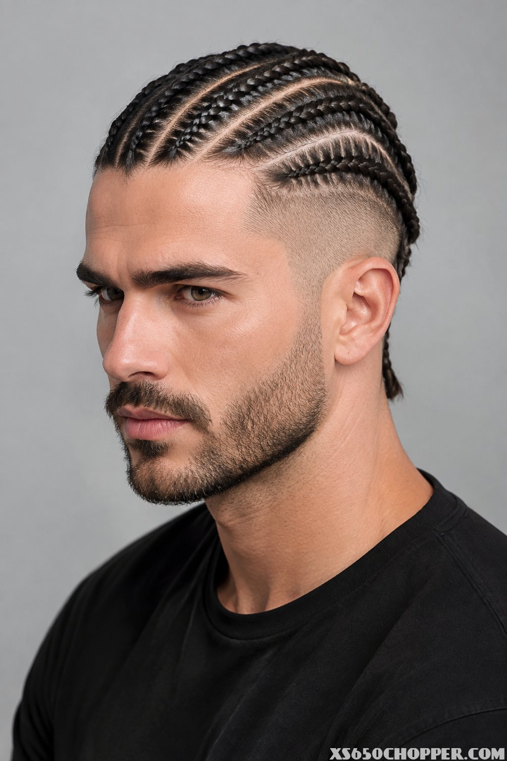 A man with several neat French braids on top and closely shaved sides.