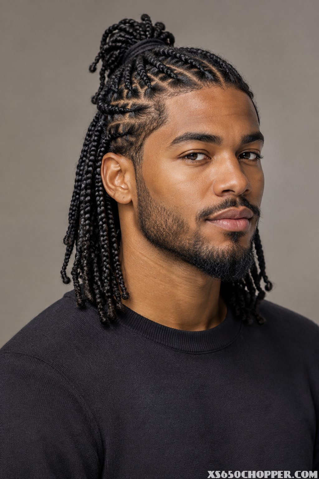 A man wearing neatly styled half-up box braids poses against a plain background.