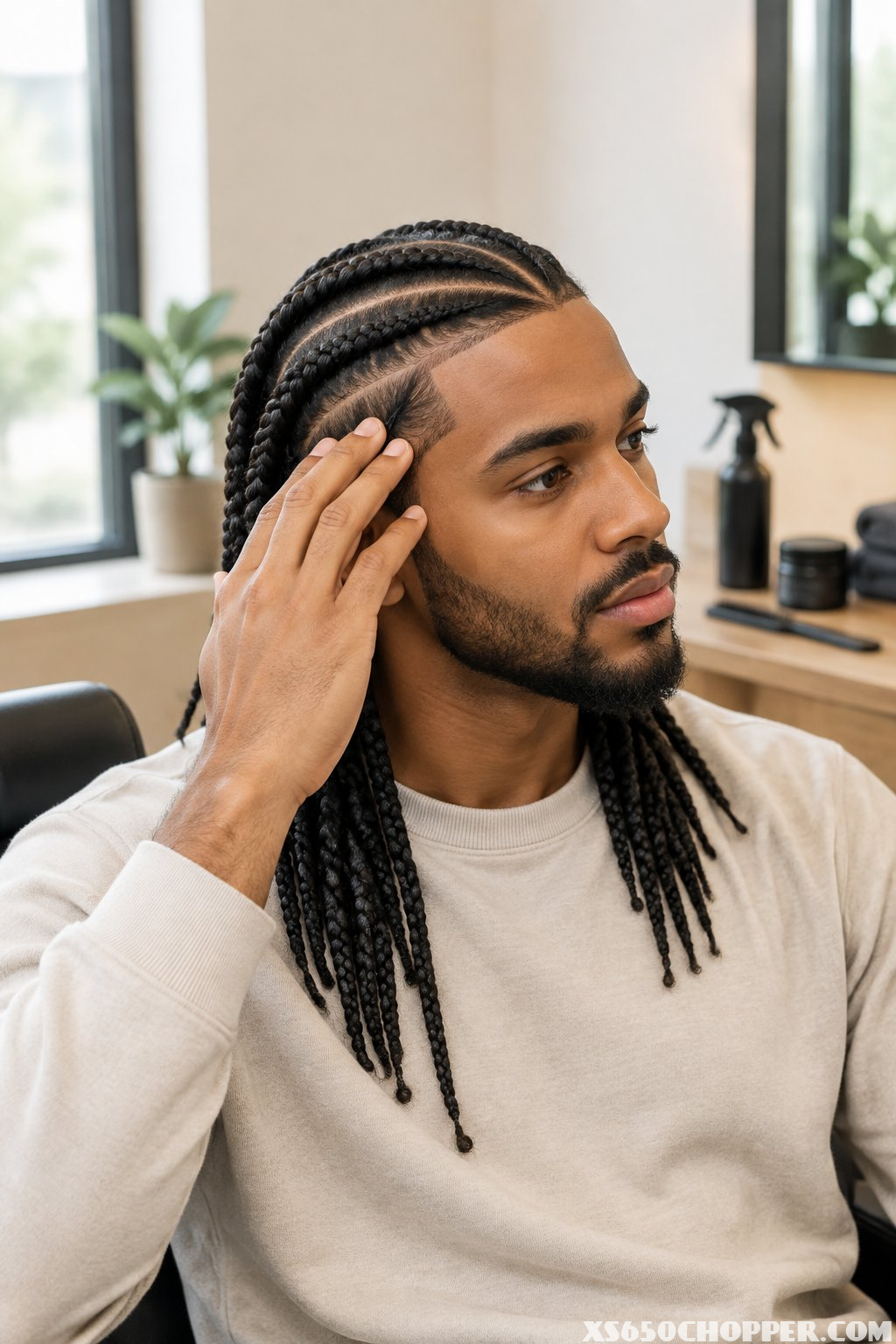 A man with neatly maintained braids checks his hairstyle in a modern grooming studio.