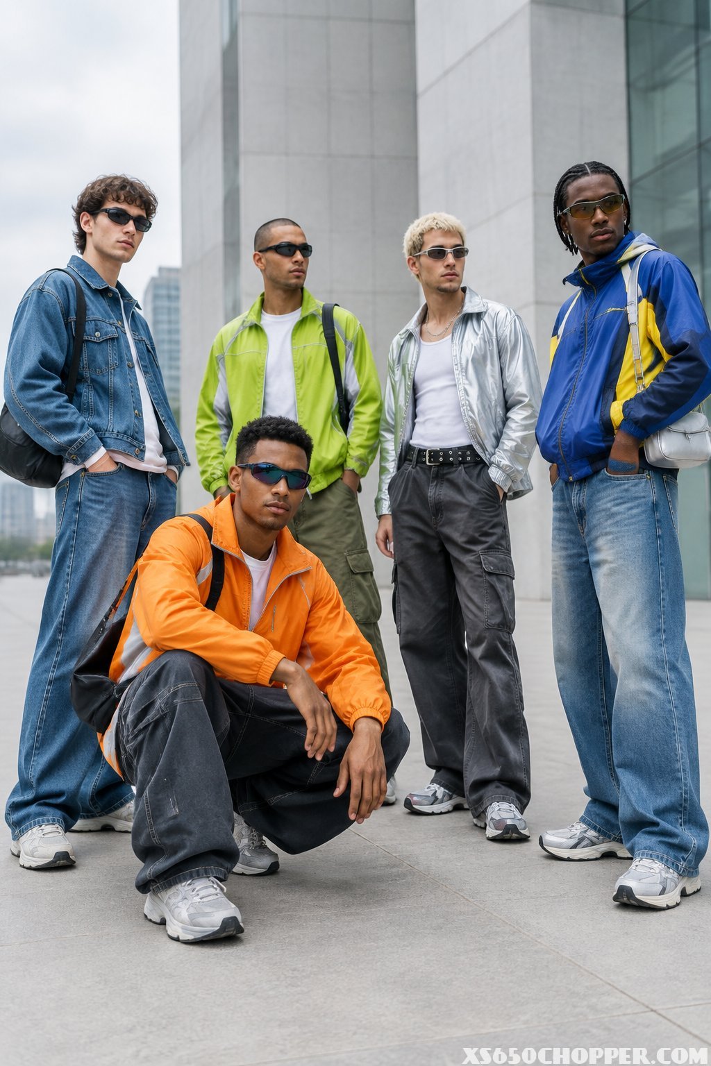 Five men wearing colorful early-2000s-inspired streetwear pose together on a modern city sidewalk.