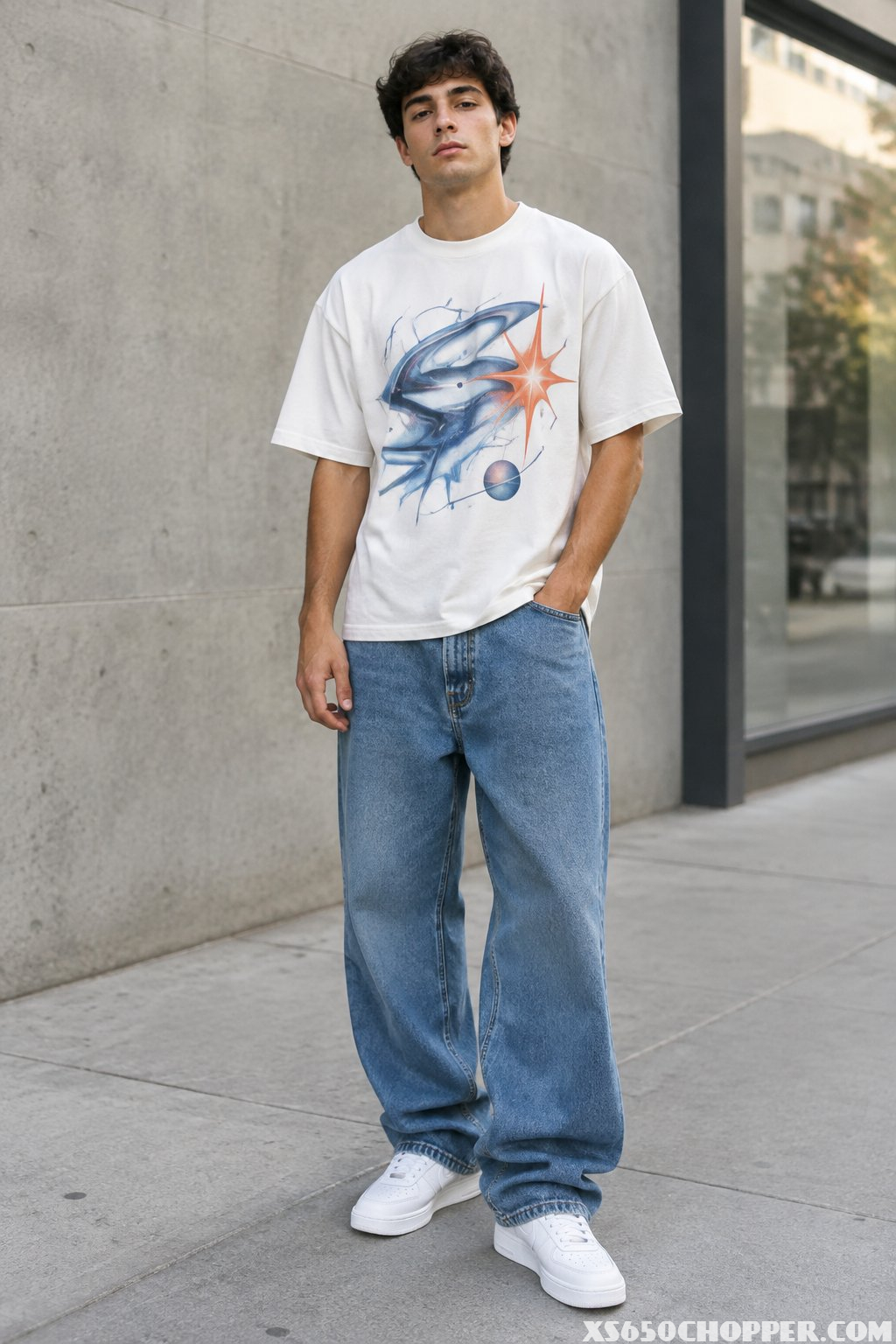 A man stands outdoors wearing loose blue jeans, a graphic T-shirt, and white sneakers.