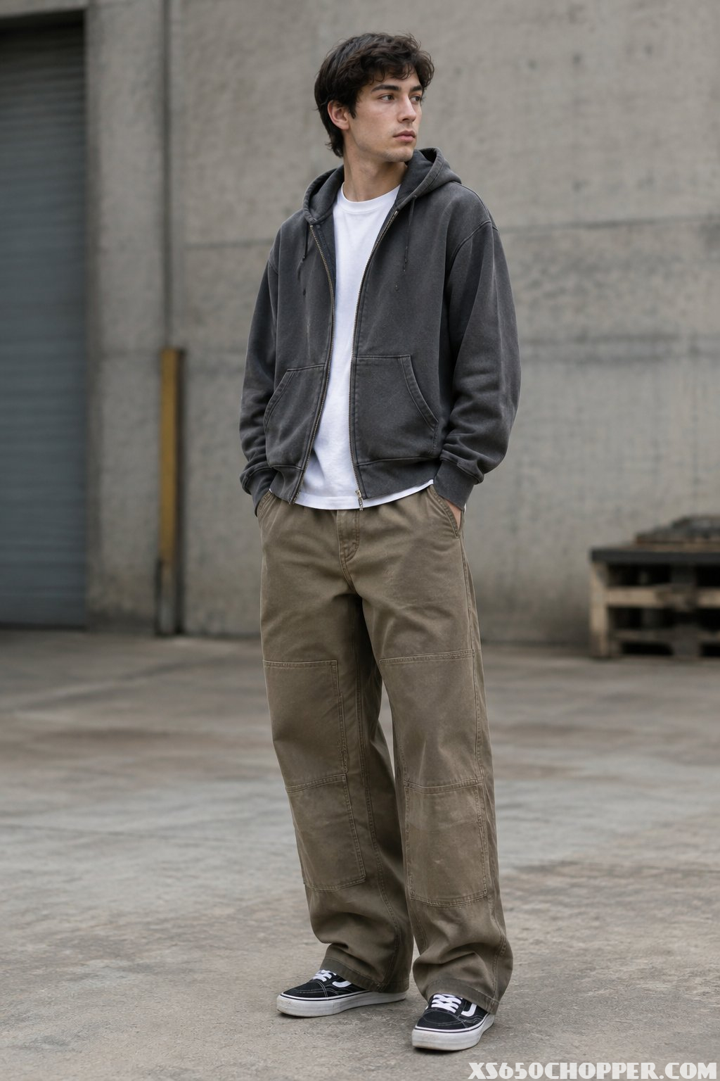A man wears loose dark work pants and a faded hooded sweatshirt in an urban setting.