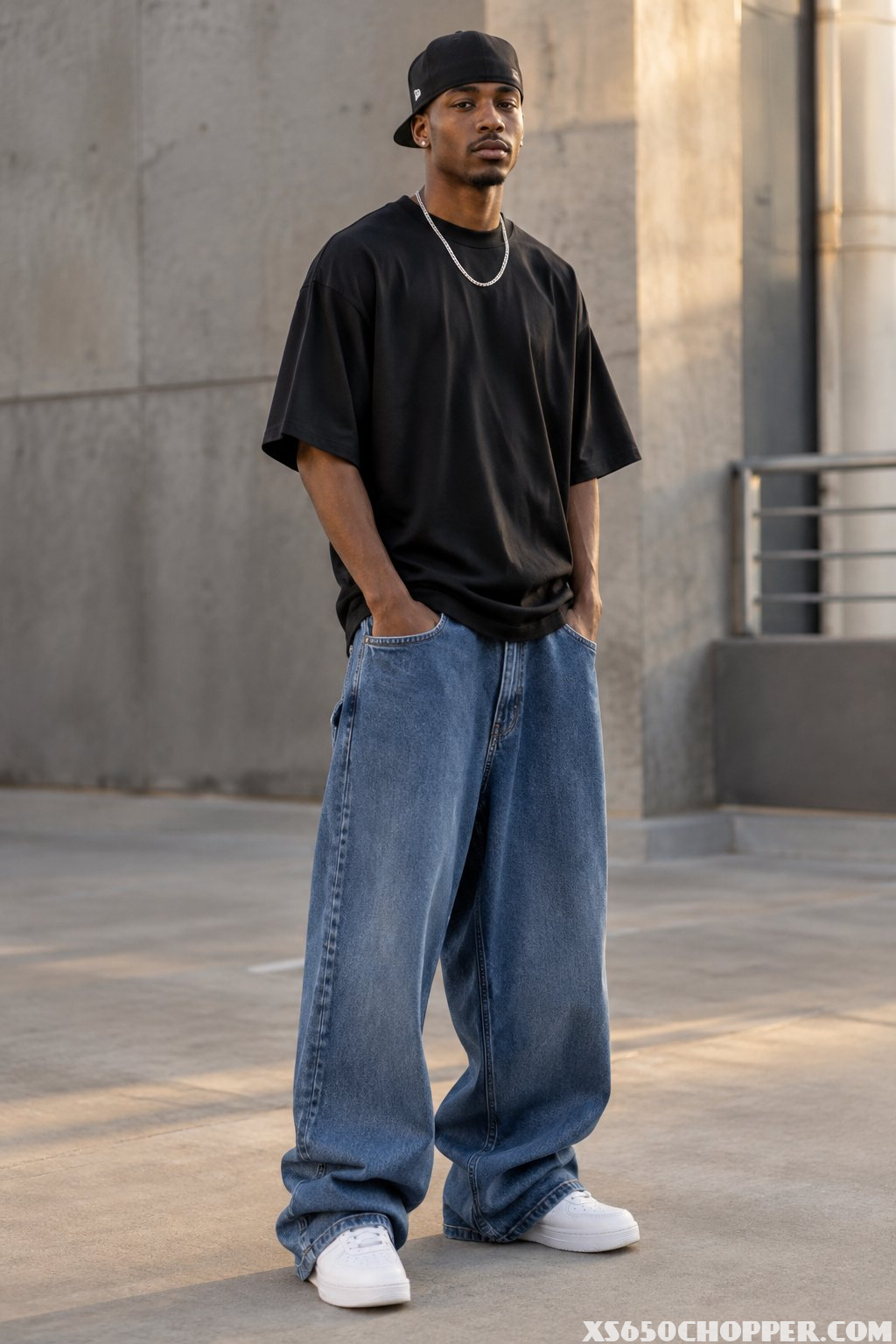 A young man wearing oversized jeans, a loose black T-shirt, and white sneakers poses in an urban setting.