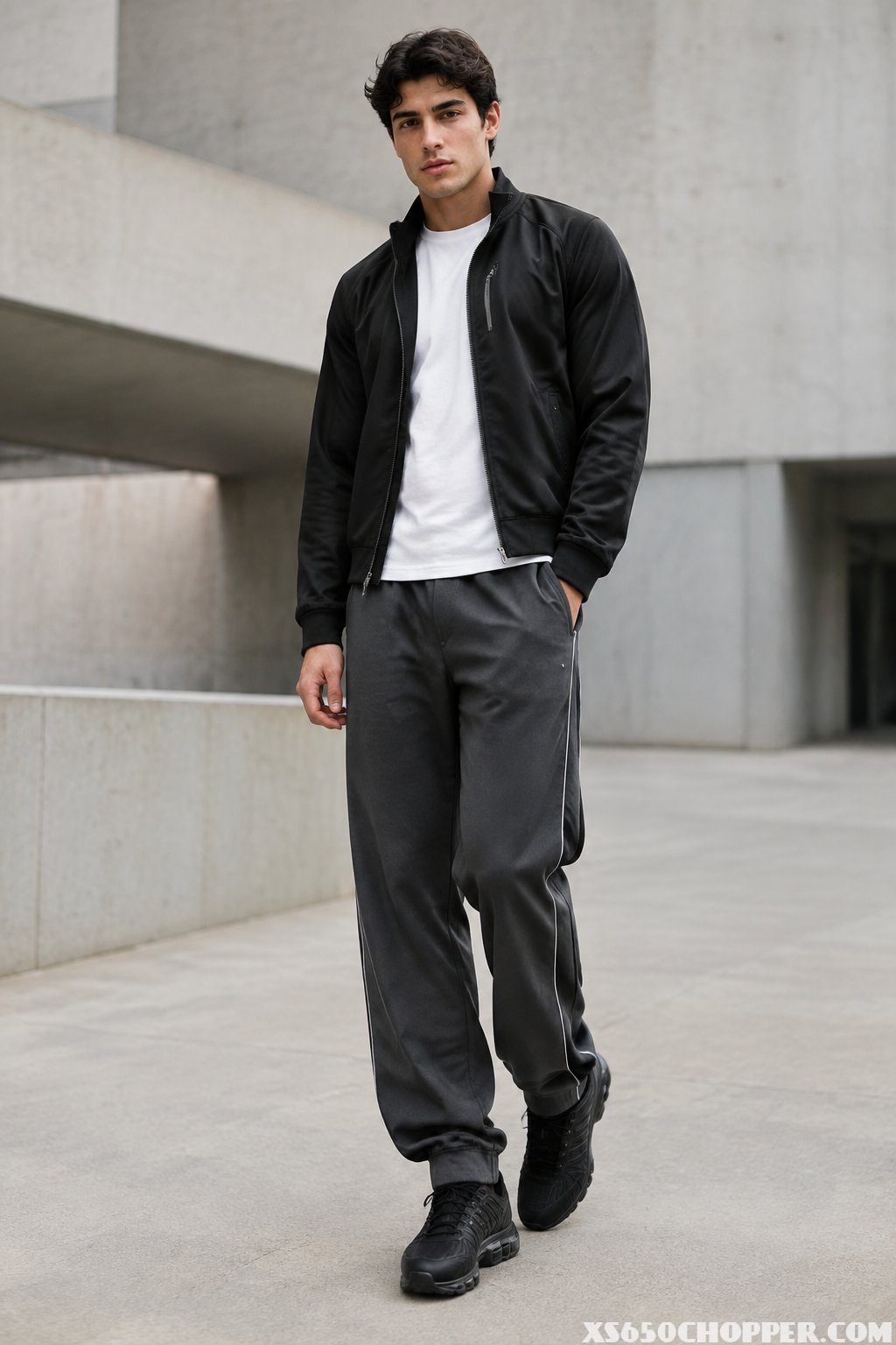 A man wearing black athletic sneakers, charcoal track pants, and a black zip-up jacket stands in a modern urban setting.