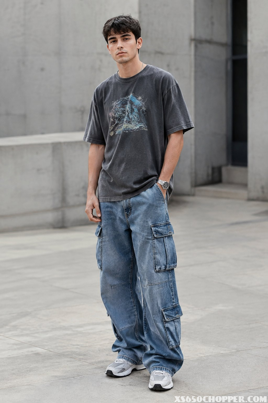 A young man wears an oversized T-shirt and wide-leg cargo jeans in an urban setting.