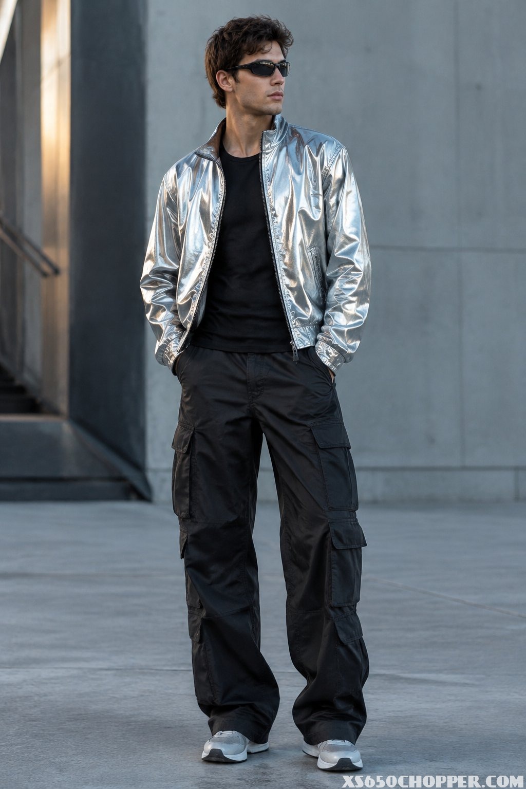 A man wearing a silver metallic jacket and black cargo pants stands in an urban setting.
