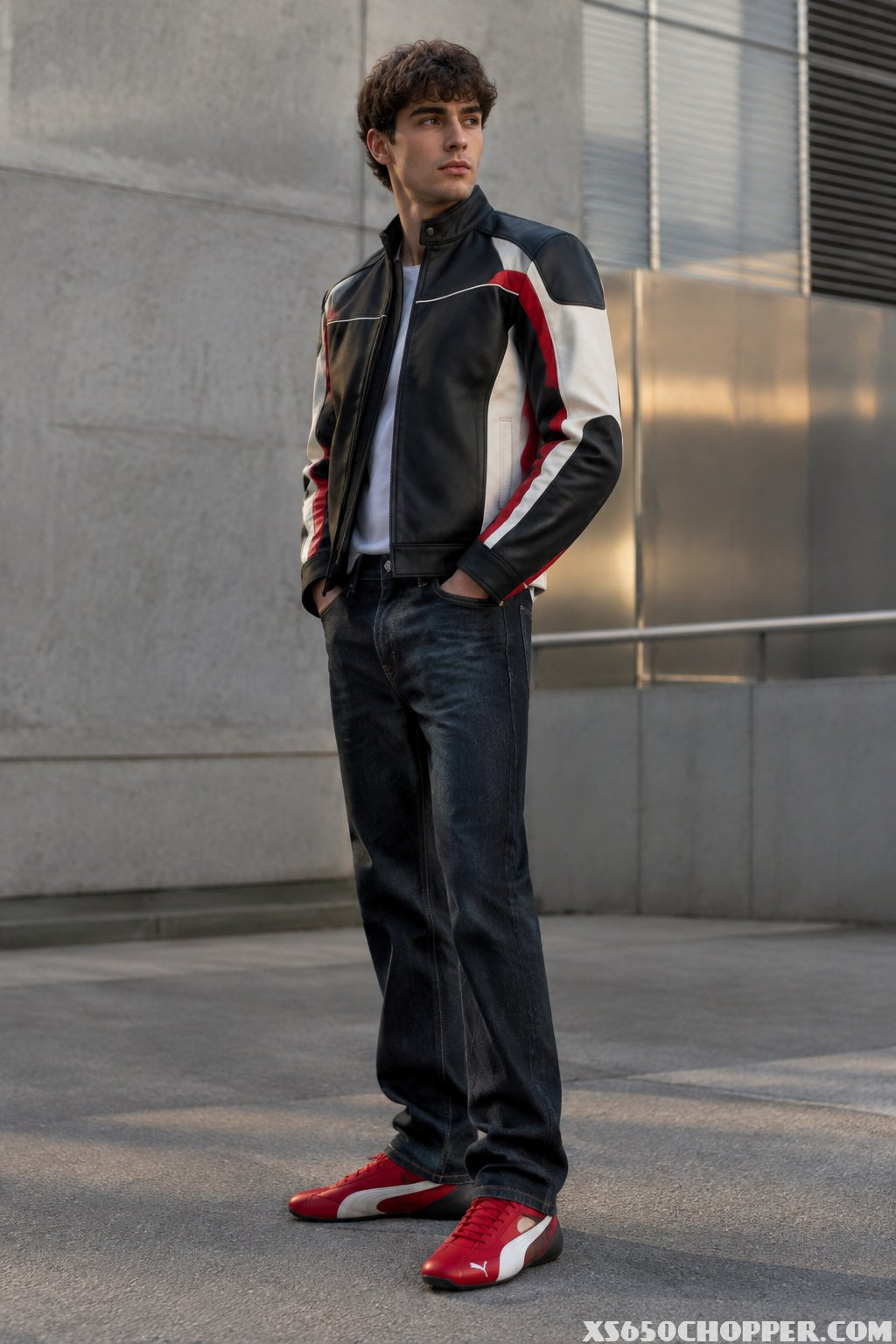 A man wears a racing jacket, dark jeans, and low-profile racing sneakers on an urban street.