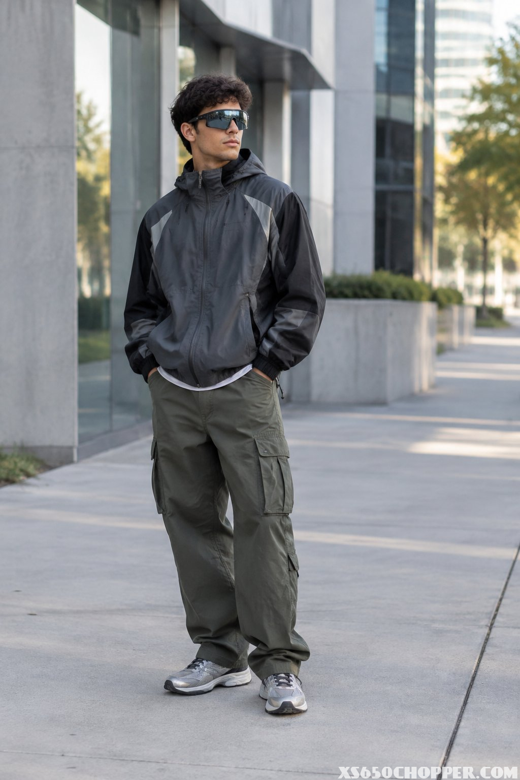 A man wearing wraparound sunglasses, a technical windbreaker, cargo pants, and sneakers stands on an urban sidewalk.