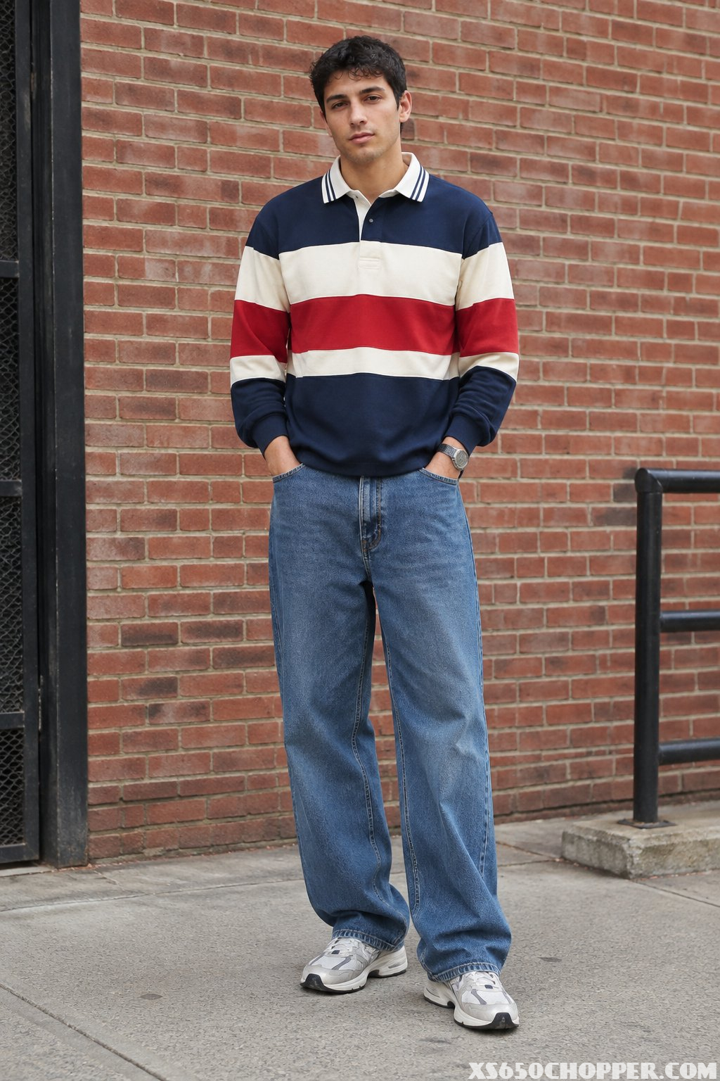 A man wearing a striped rugby shirt and relaxed-fit blue jeans stands casually outdoors.