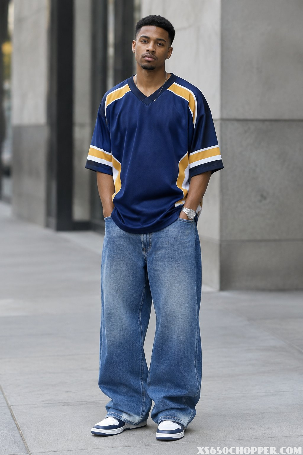 A man wears a loose football jersey, very baggy jeans, and sneakers on a city sidewalk.