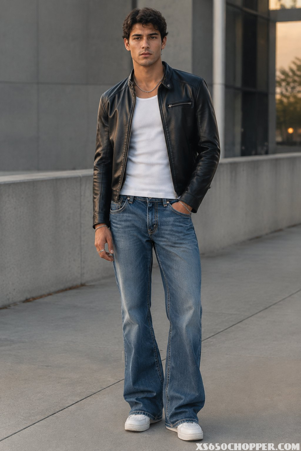 A man wearing a black leather jacket, white tank top, and blue jeans stands in an urban setting.