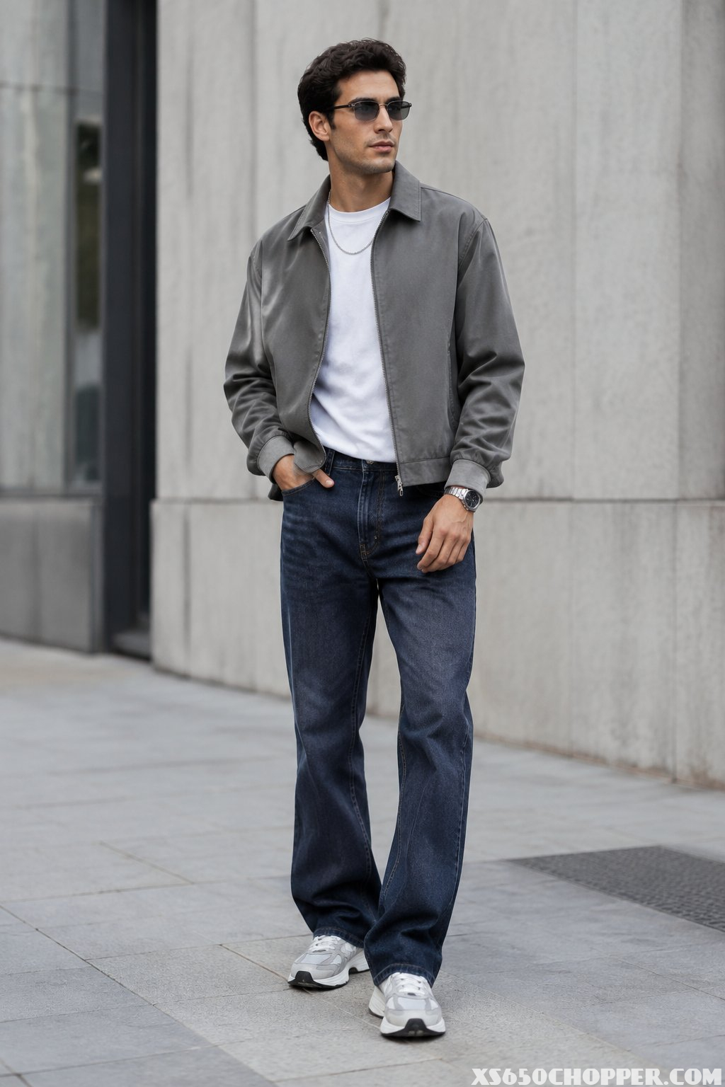 A stylish young man wearing a polished early-2000s-inspired outfit stands on a modern city street.