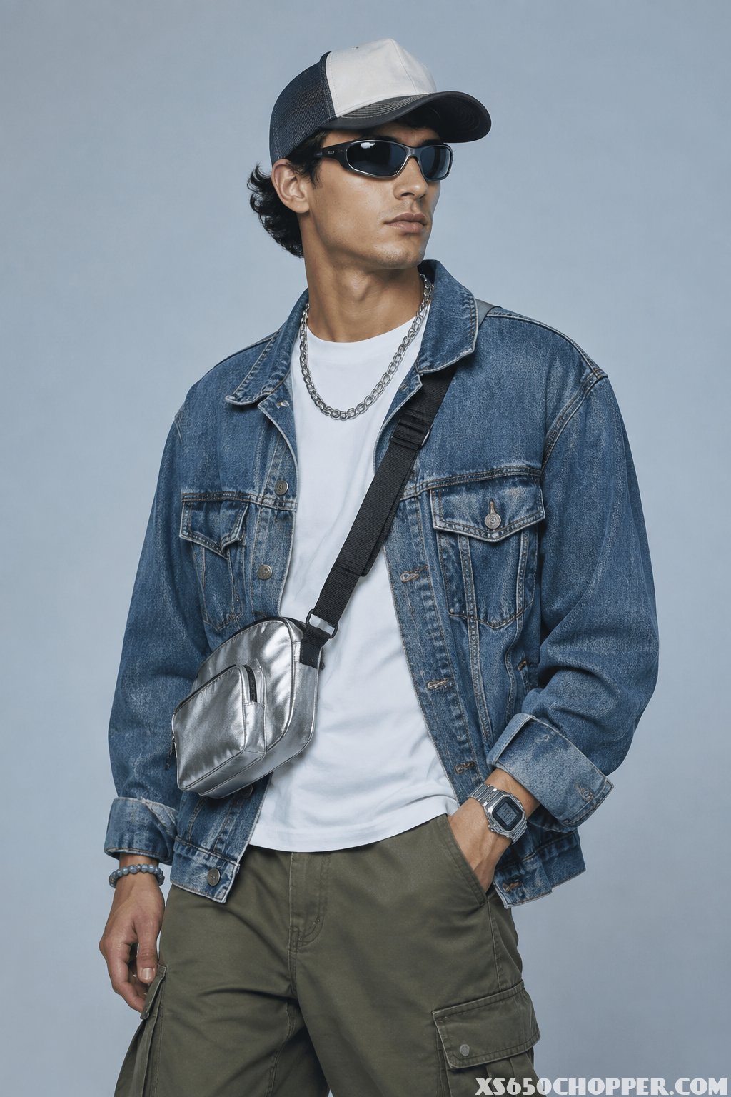 A young man wears a Y2K-inspired outfit with sunglasses, a chain necklace, a digital watch, and a metallic crossbody bag.