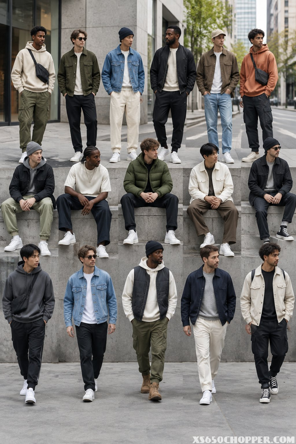 Fifteen men wearing different casual streetwear outfits stand together on a modern city street.
