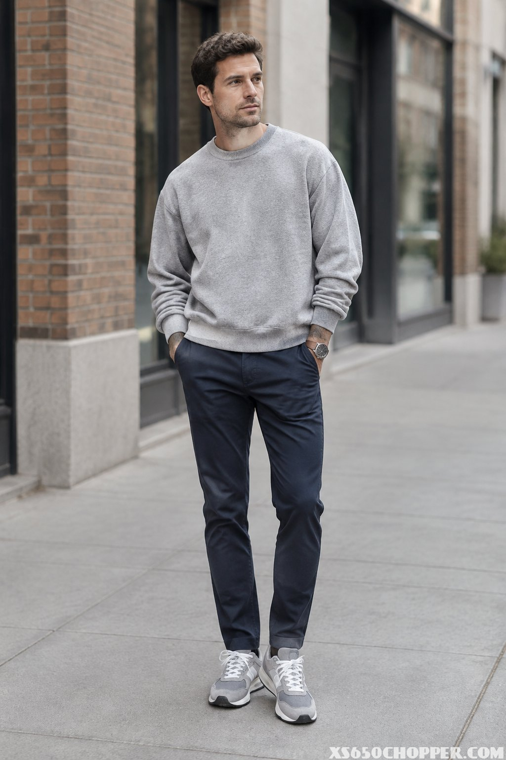 A man wearing a gray sweatshirt, navy chinos, and gray sneakers stands on an urban sidewalk.