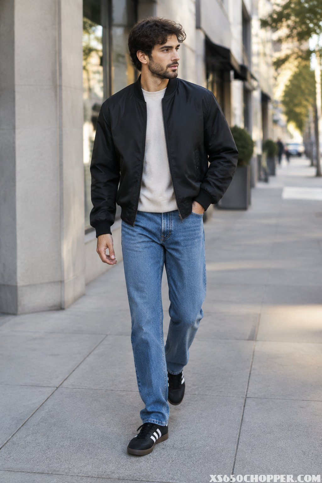 A man in a black bomber jacket, straight-leg jeans, and black-and-white sneakers walking on an urban sidewalk.