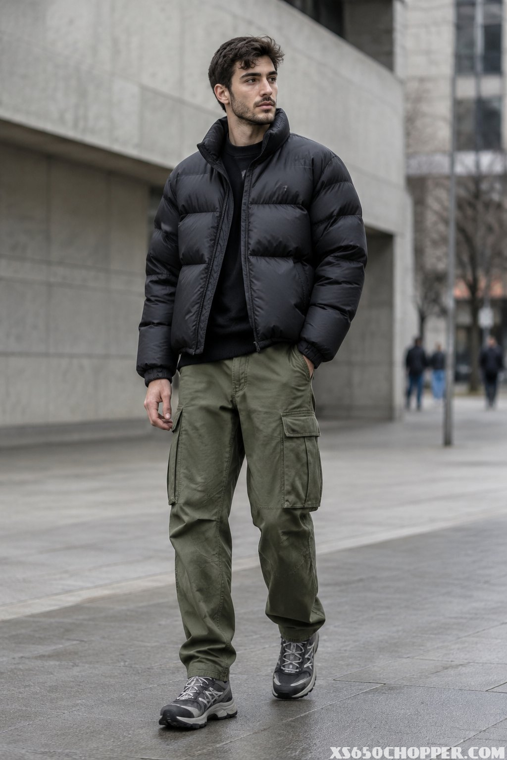 A man wearing a black puffer jacket, olive cargo pants, and neutral technical sneakers stands on a modern city street.