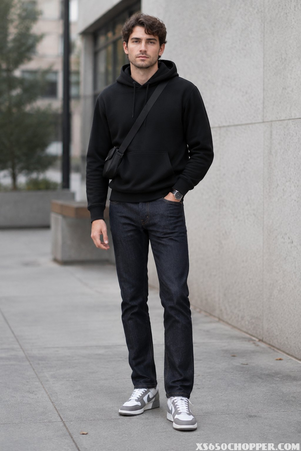 A man in a black hoodie, dark jeans, and low-top sneakers standing on an urban sidewalk.