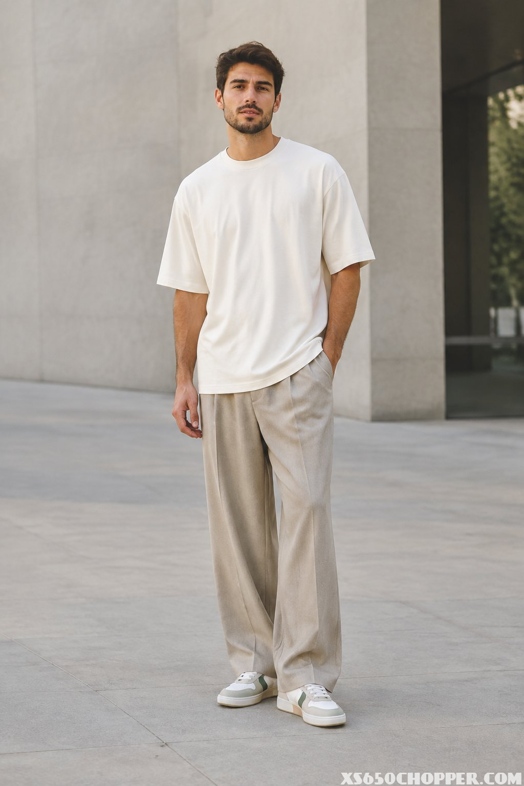 A man wearing an oversized light T-shirt, wide-leg trousers, and white sneakers stands on a modern city street.