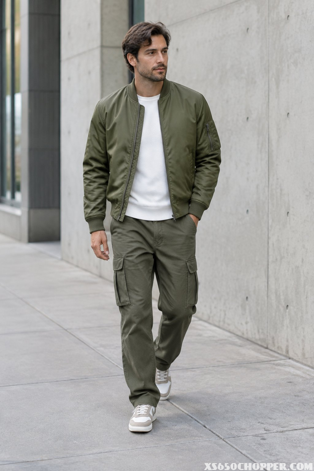 A man wears an olive bomber jacket, white thermal shirt, and olive cargo pants on a city sidewalk.