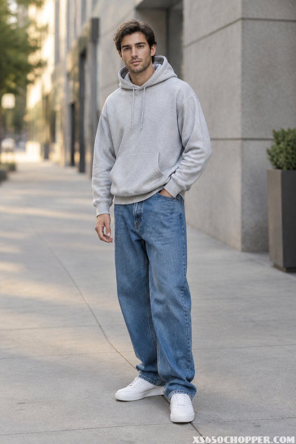 A man wearing a gray hoodie, loose blue jeans, and white sneakers stands on an urban sidewalk.