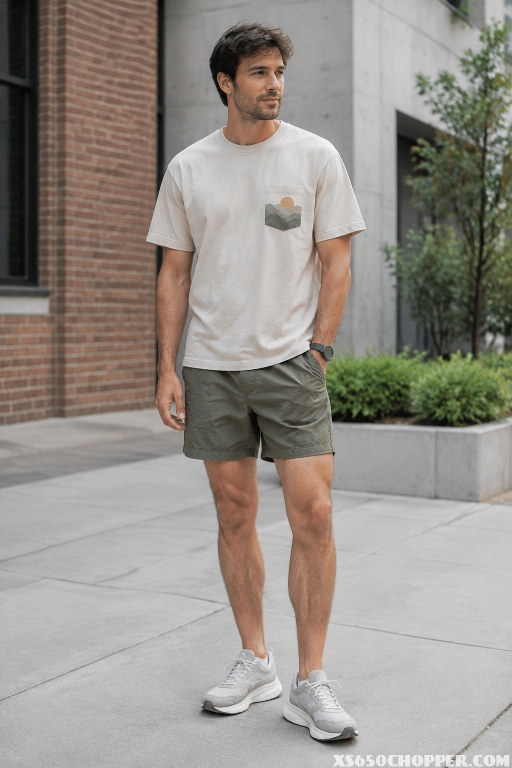 A man stands on a city sidewalk wearing shorts, a graphic pocket T-shirt, and sneakers.