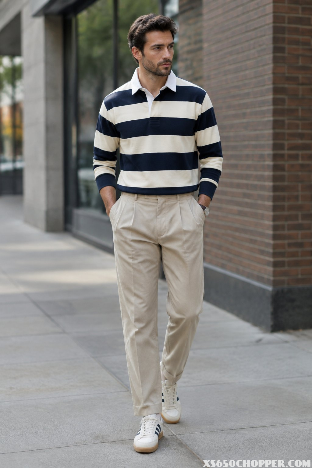 A man wears a striped rugby shirt, pleated trousers, and retro sneakers on a city sidewalk.