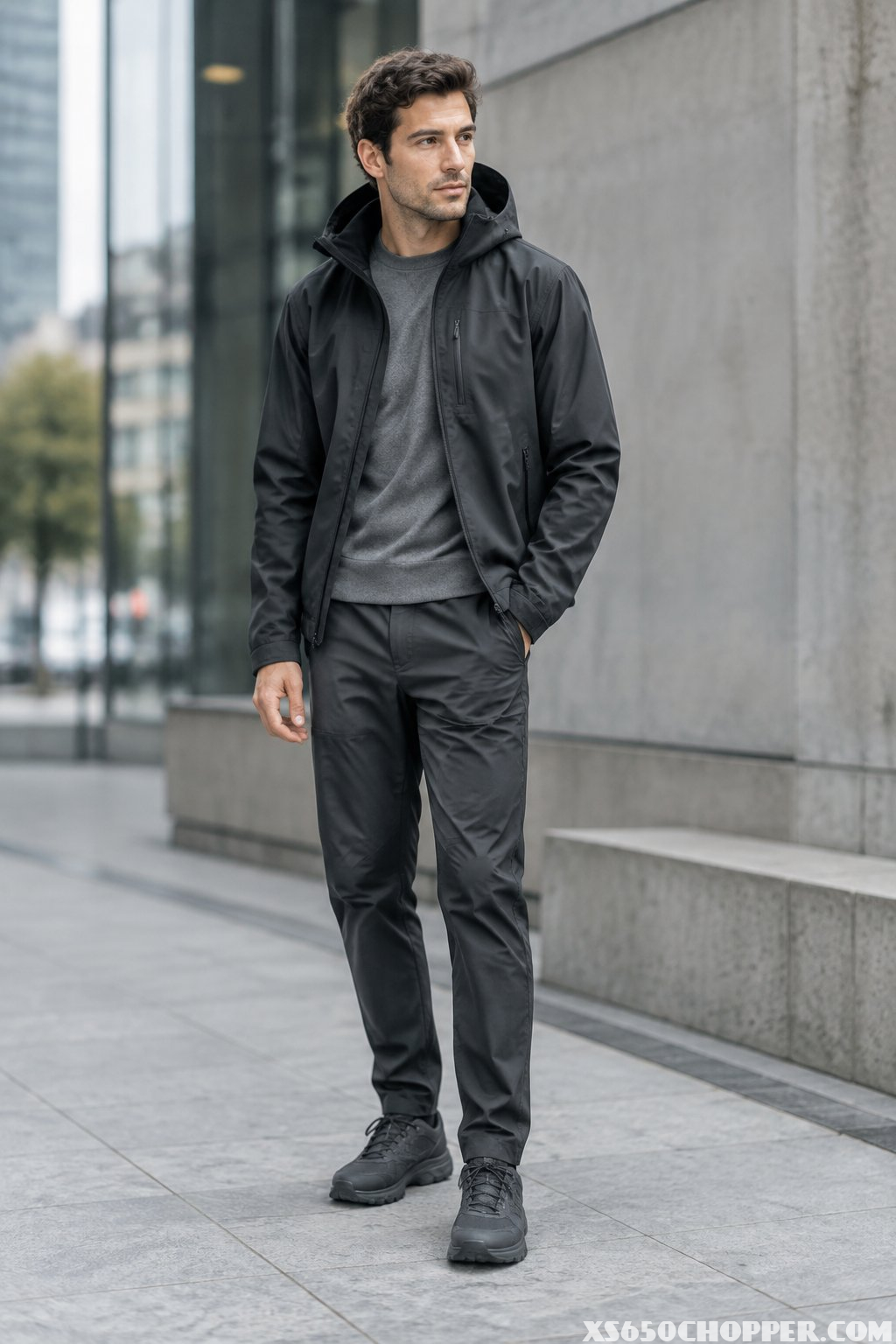 A man in a dark technical jacket, layered shirt, tapered pants, and sneakers stands on a modern city street.