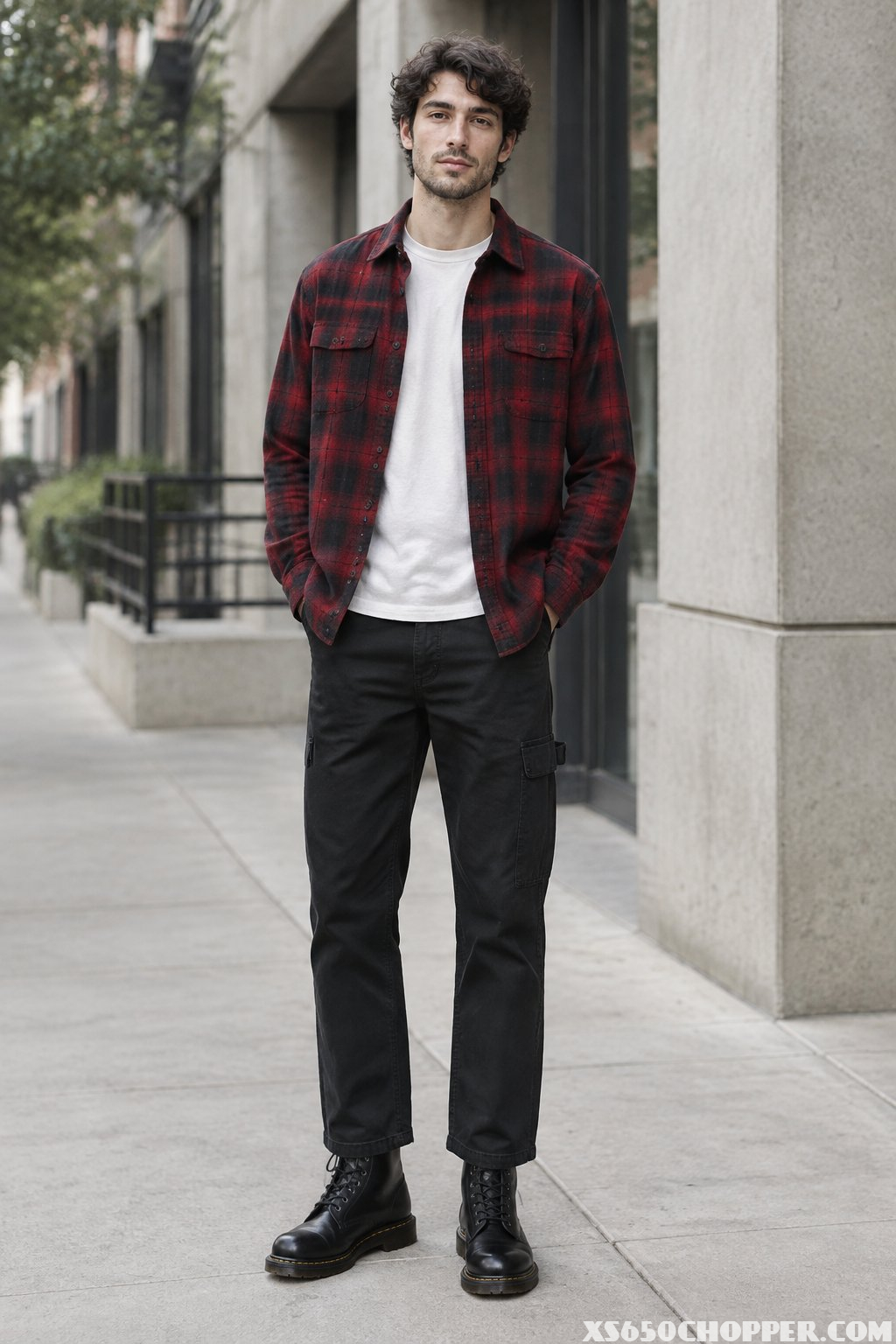 A man wearing black lace-up boots, a red plaid overshirt, and black carpenter pants stands on a city sidewalk.