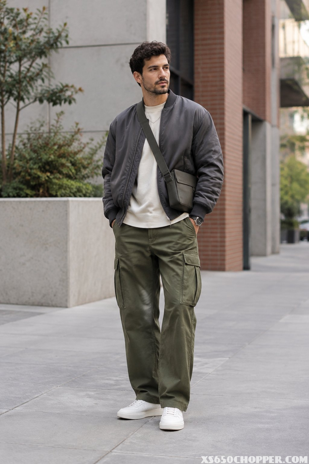 A man in a layered streetwear outfit standing on an urban sidewalk.