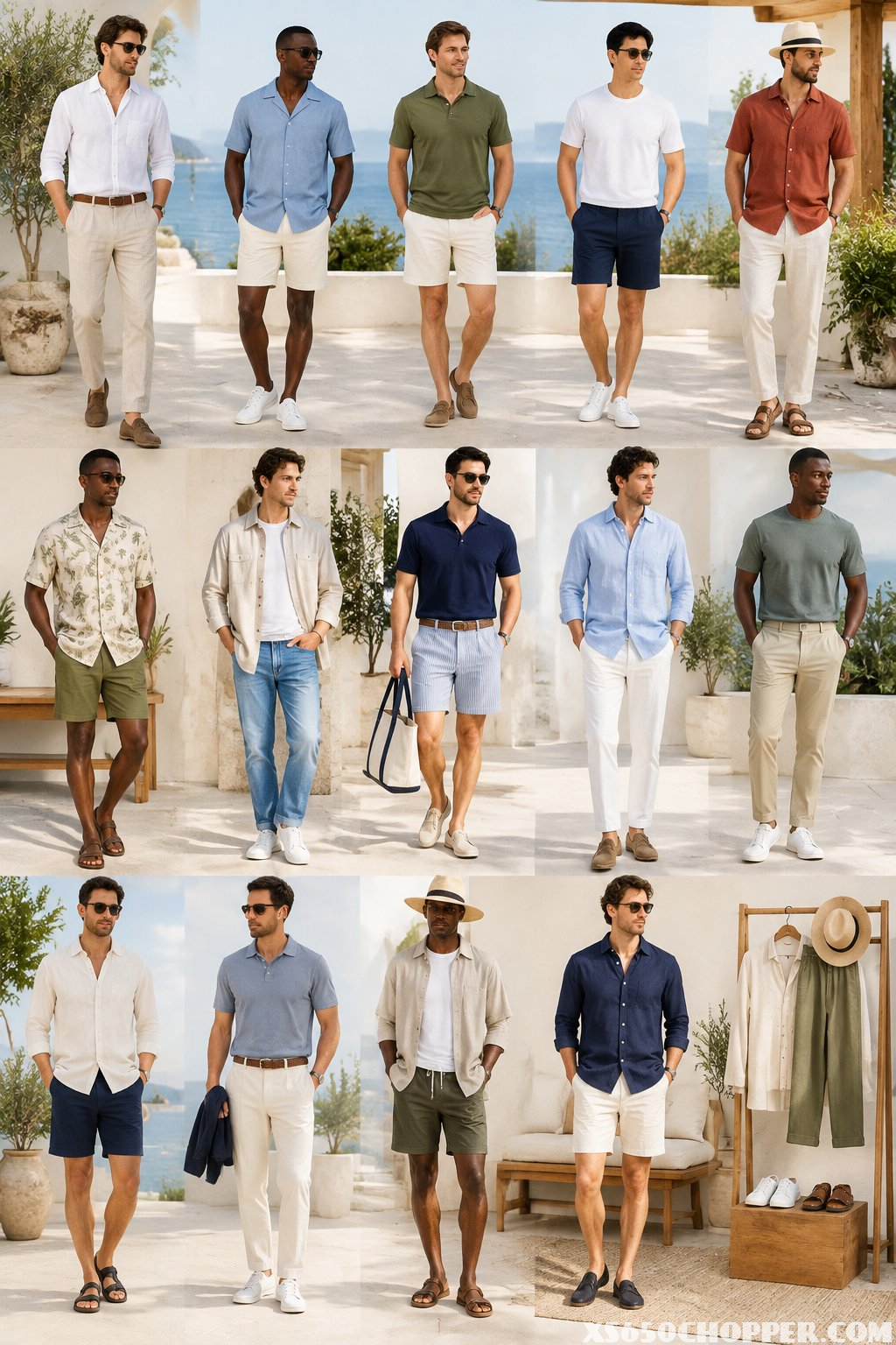 A group of men wearing varied stylish summer outfits in a bright outdoor setting.