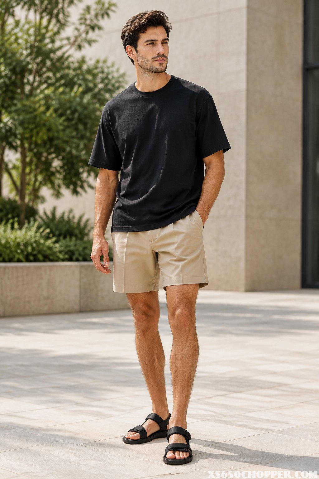 A man outdoors wearing a black T-shirt, tan shorts, and black sport sandals.