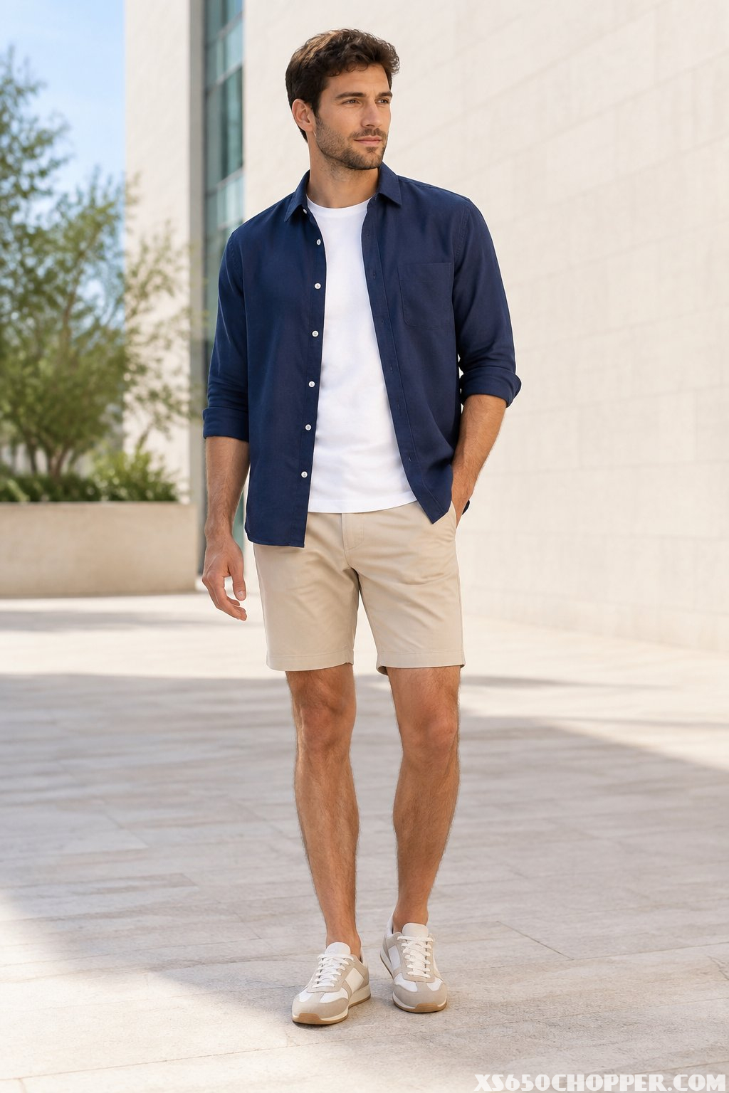 A man wearing a navy overshirt, white T-shirt, beige shorts, and retro sneakers outdoors.