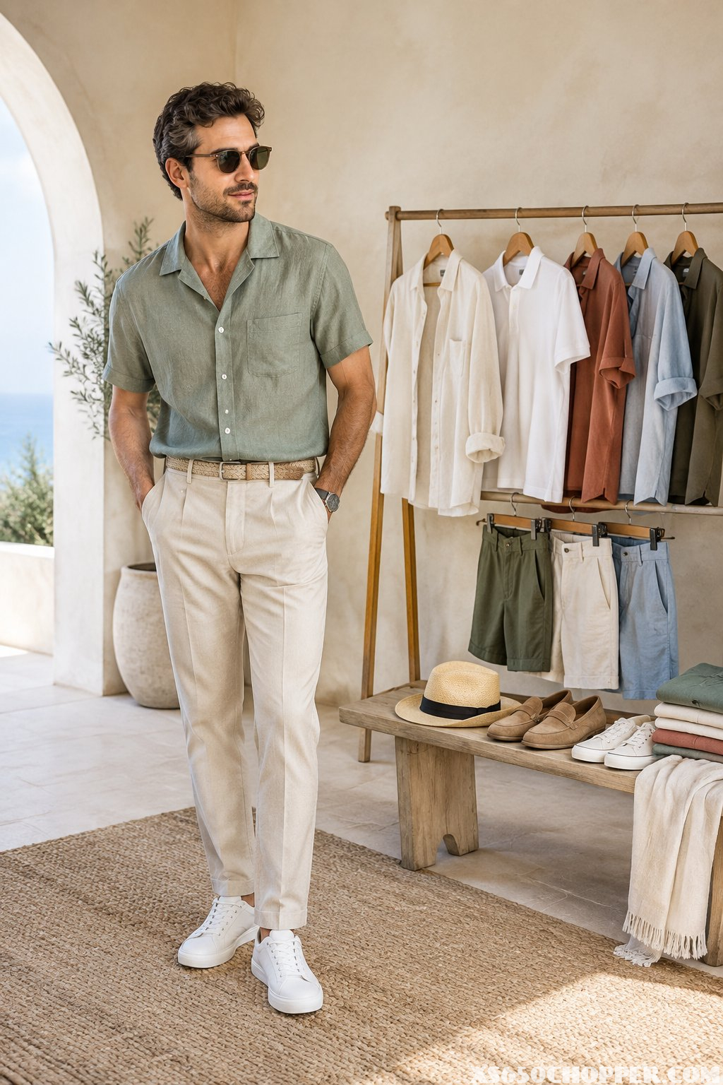 A man wearing a light summer outfit stands beside a rack of coordinated warm-weather clothing in a bright room.