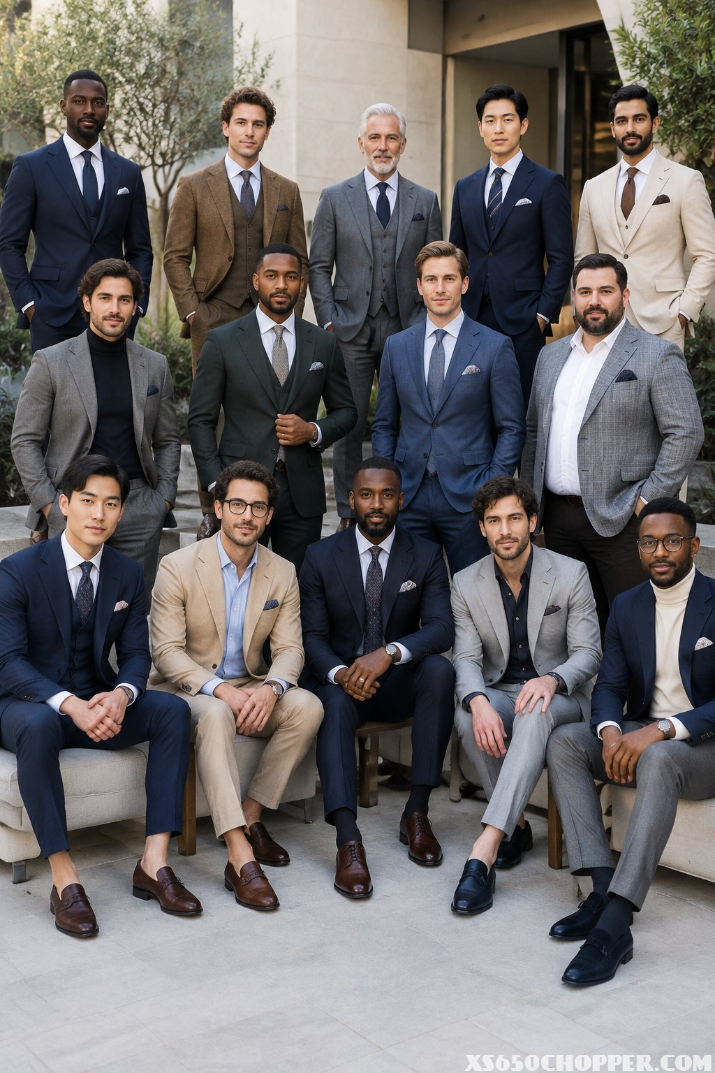 Fifteen stylish men in varied formal outfits stand together in an elegant modern setting.