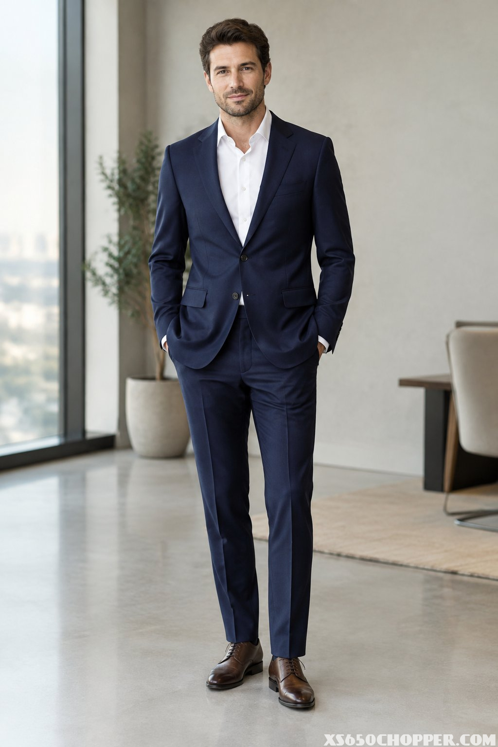 A man wearing a navy suit, white shirt, and dark brown Oxford shoes stands in an elegant interior.