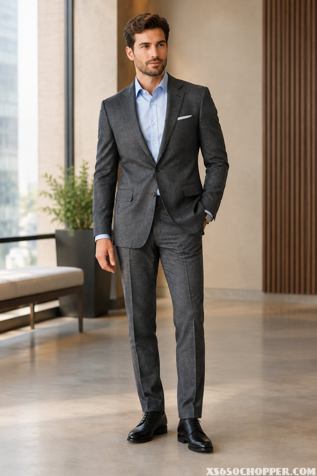 A man wearing a charcoal suit, light blue shirt, and black Derby shoes stands in a modern interior.