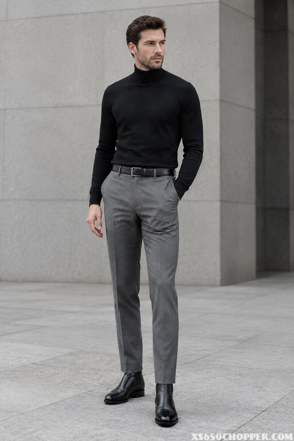 A man wearing a black turtleneck, gray tailored trousers, and black Chelsea boots stands in a modern city setting.