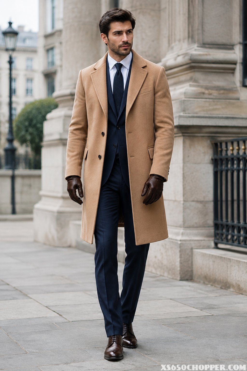A gentleman in a camel overcoat, navy suit, and dark brown leather gloves stands on a city street.