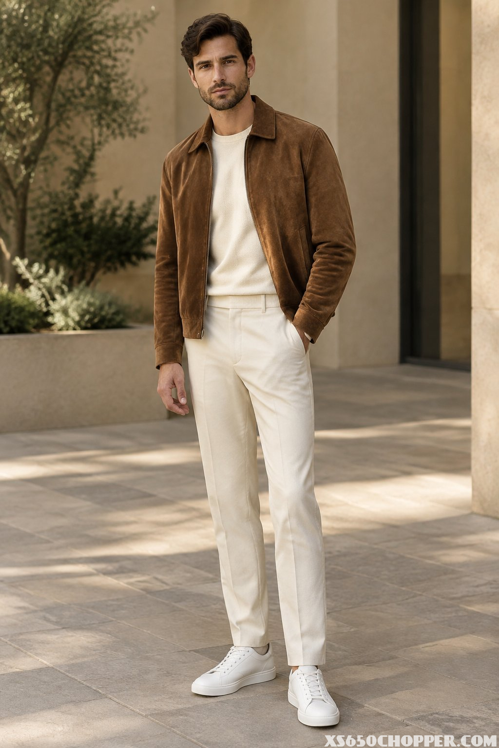 A well-dressed man wearing a brown suede jacket, cream trousers, and white sneakers stands in a modern outdoor setting.