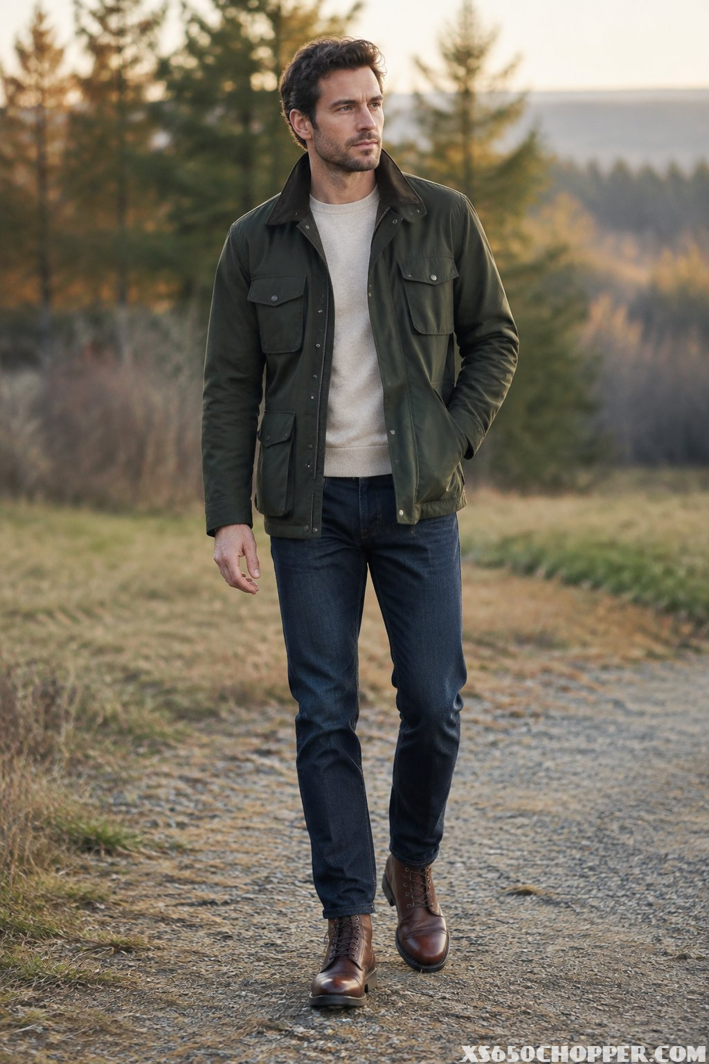 A man wearing a forest green jacket, dark jeans, and brown boots stands outdoors near a wooded area.
