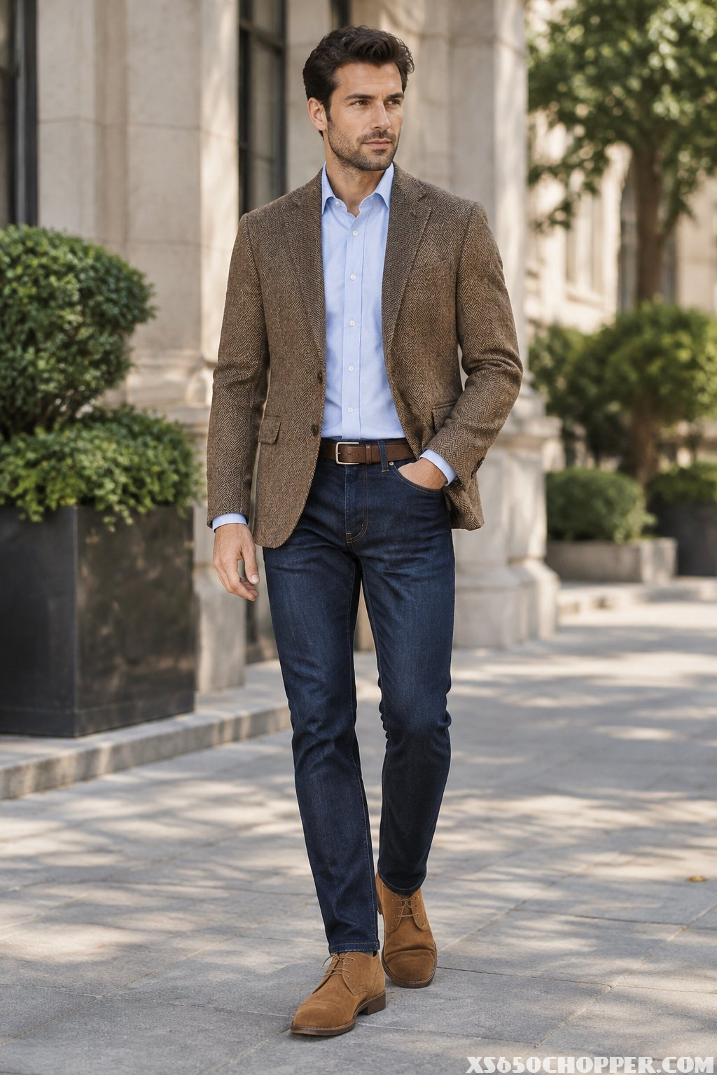 A well-dressed man wearing a brown sport coat, dark jeans, and suede chukka boots stands on a city street.