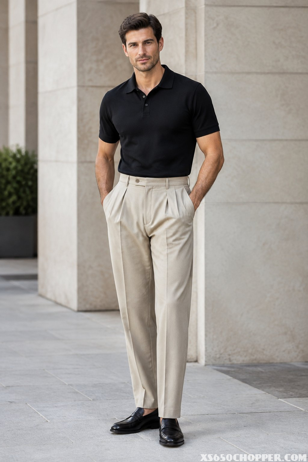 A man wearing a black polo shirt, stone pleated trousers, and black loafers.