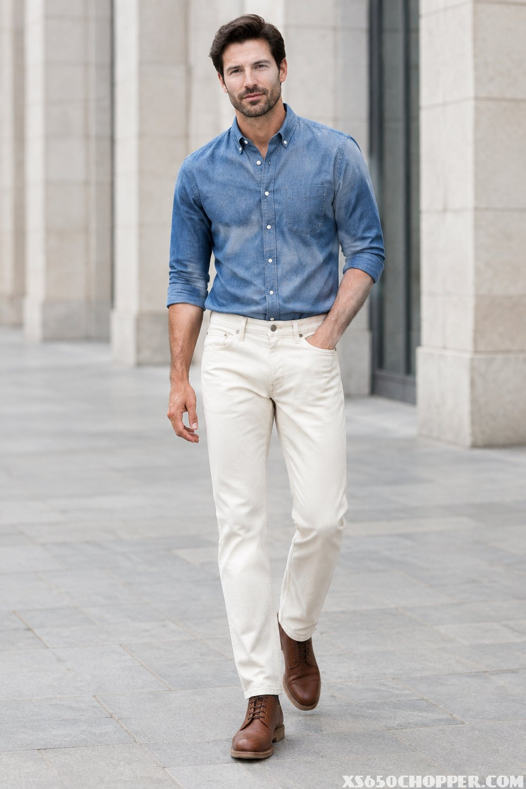 A man wearing a blue chambray shirt, ecru jeans, and brown moc-toe boots.