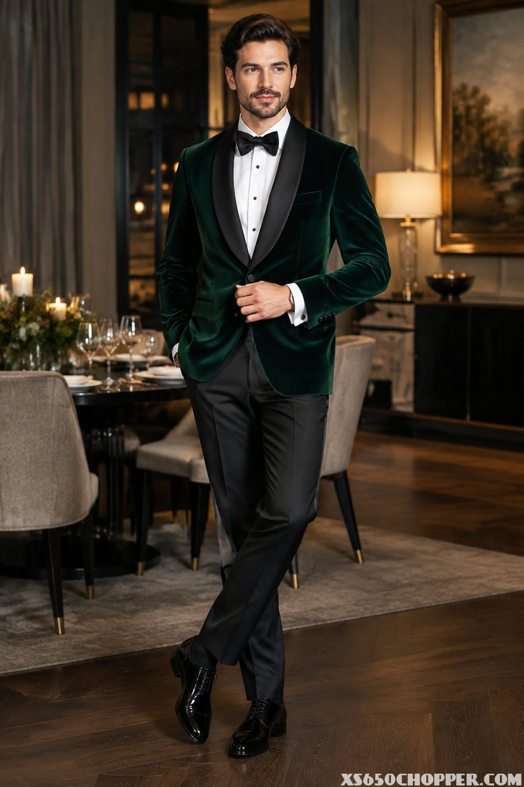 A man wearing a dark green velvet dinner jacket and black tuxedo trousers stands in an elegant interior.